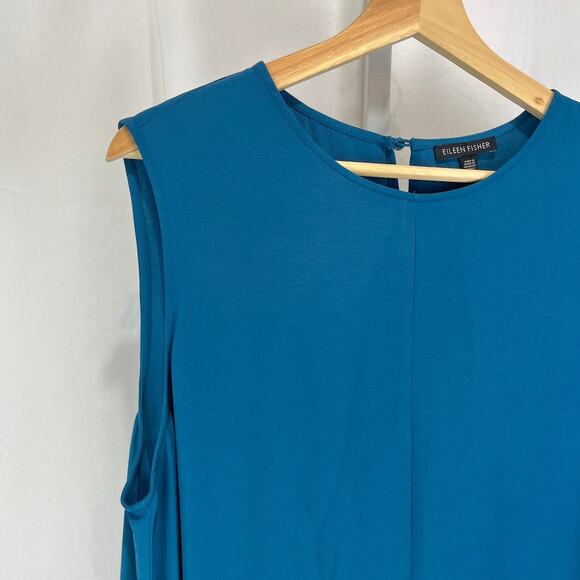 EILEEN FISHER Round Neck Swing Dress Tencel Viscose Crepe Sleeveless Nile Blue L - Picture 5 of 9